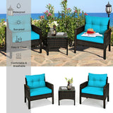 Wide 3 Pcs Outdoor Patio Rattan Set with Seat Cushions-Turquoise (assembled)