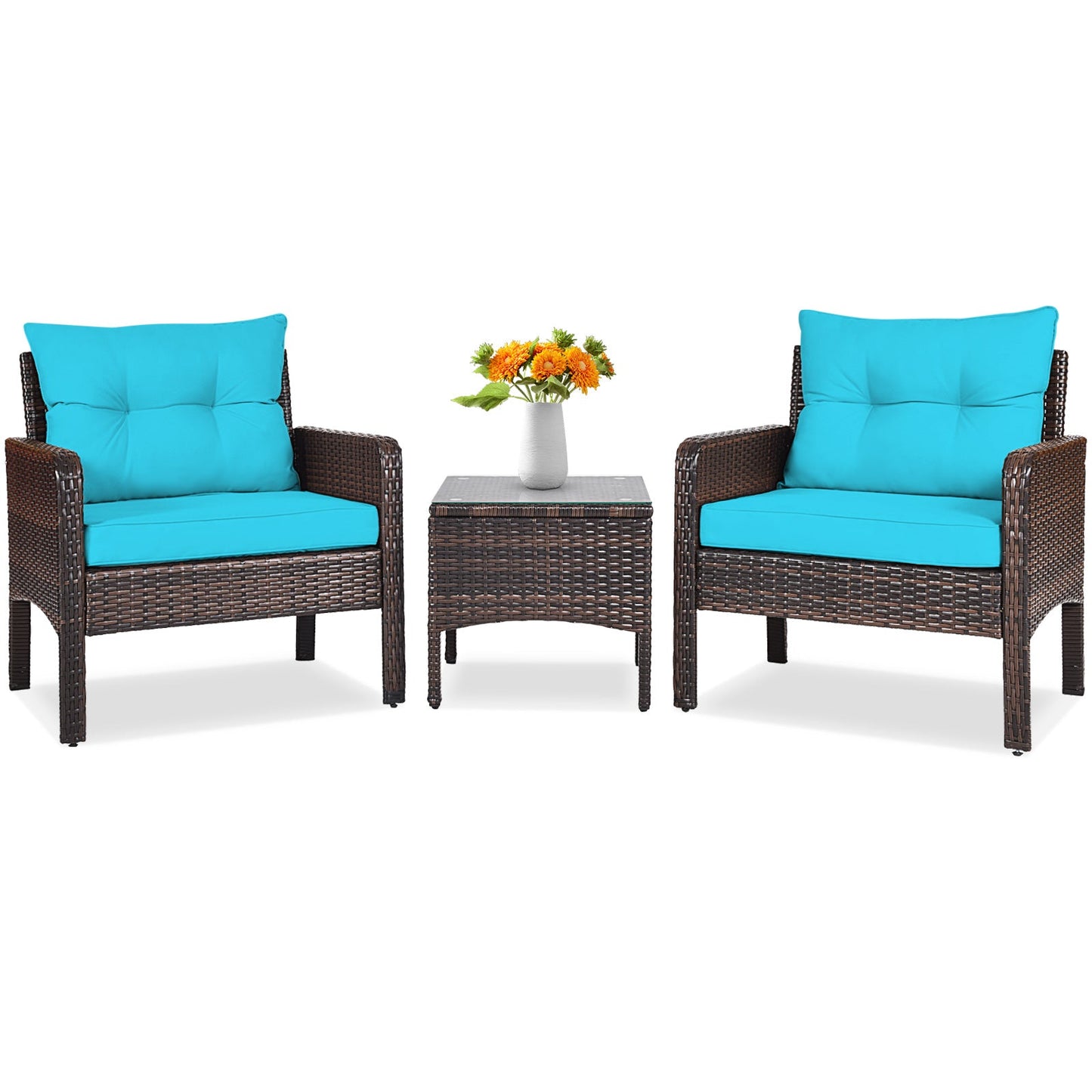 Wide 3 Pcs Outdoor Patio Rattan Set with Seat Cushions-Turquoise (assembled)