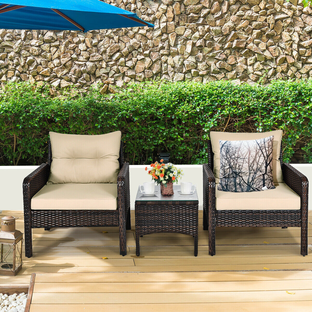 3 Pieces Outdoor Patio Wide Rattan Conversation Set with Seat Cushions-Beige (1 Box,Unassembled)