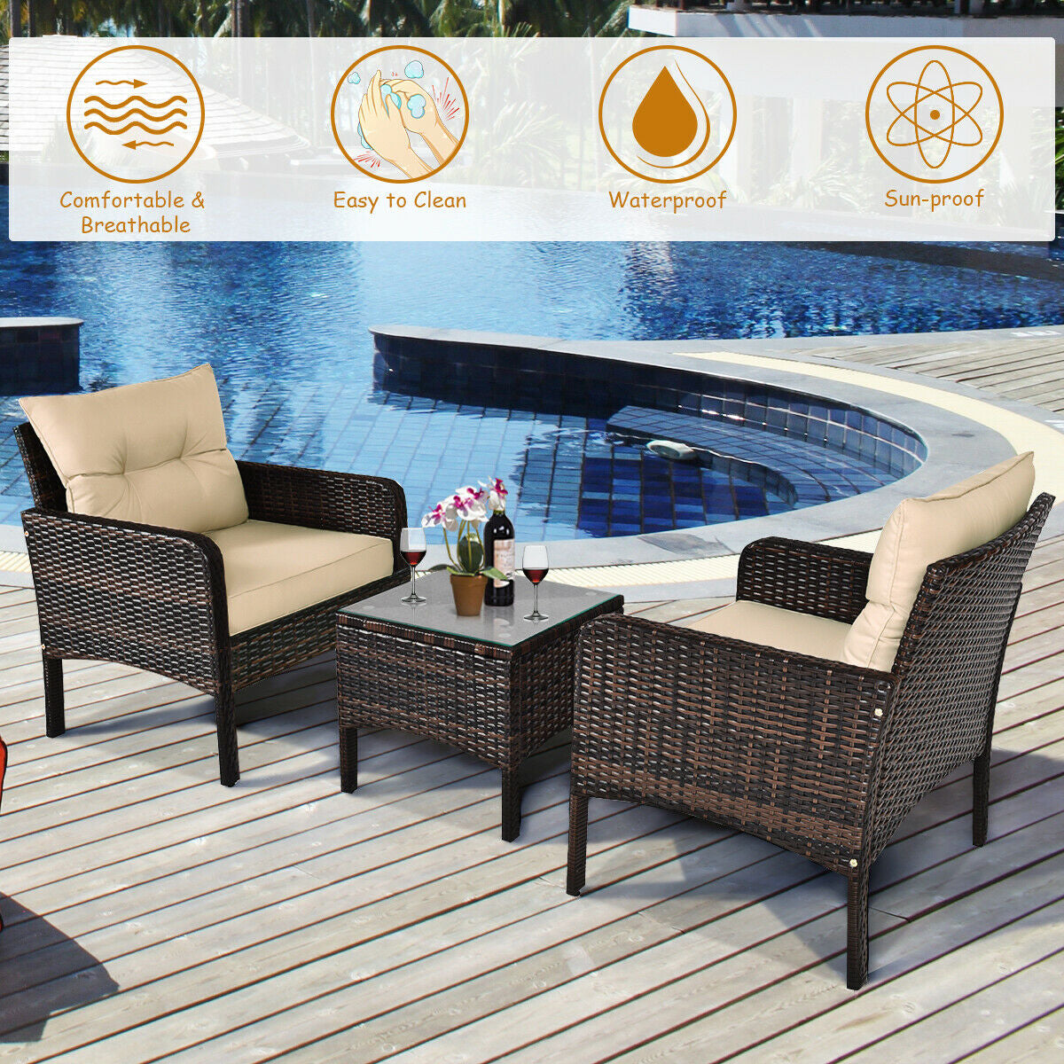 3 Pieces Outdoor Patio Wide Rattan Conversation Set with Seat Cushions-Beige (1 Box,Unassembled)