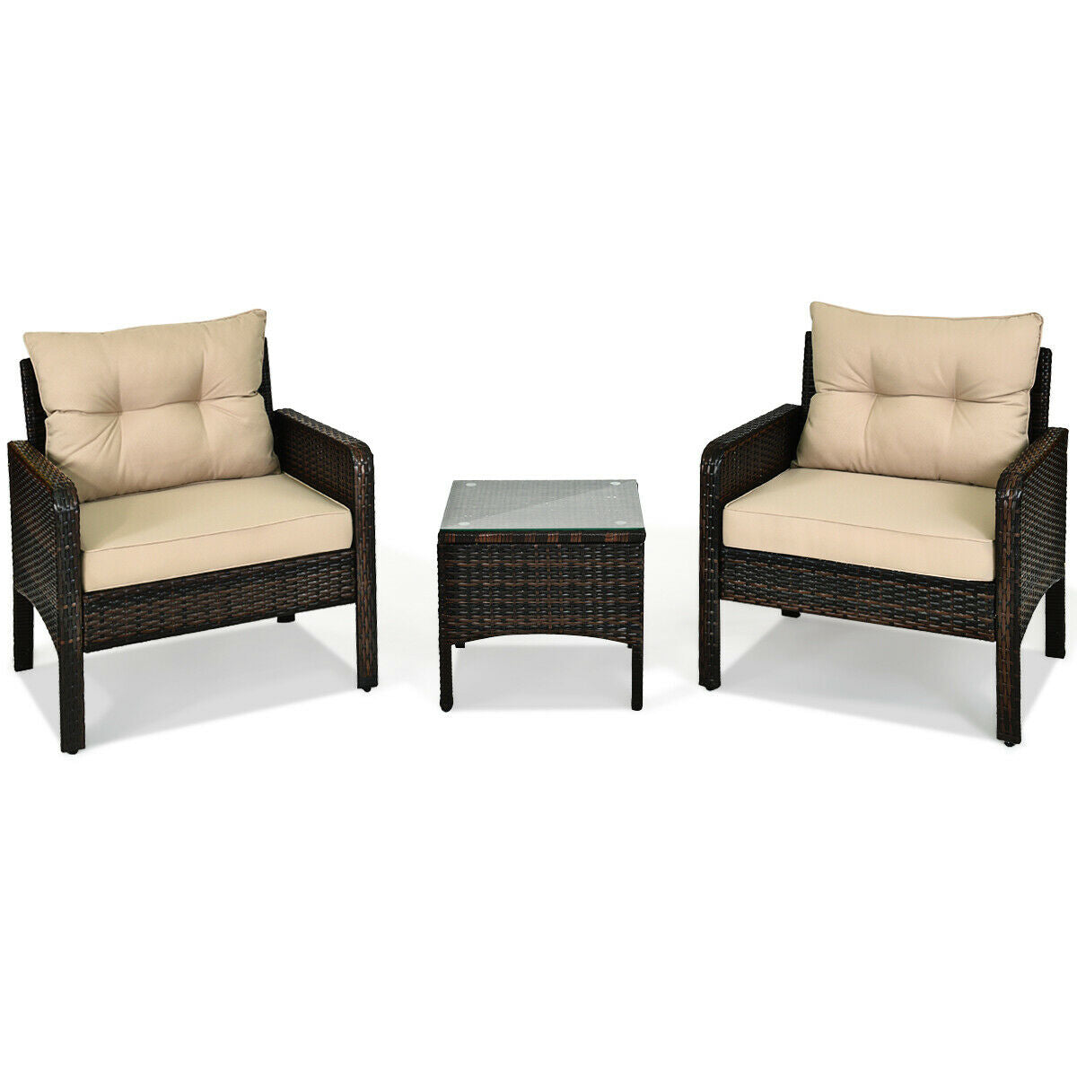 3 Pieces Outdoor Patio Wide Rattan Conversation Set with Seat Cushions-Beige (1 Box,Unassembled)