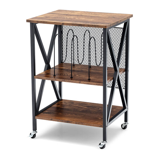 3 Tiers Vintage Style Rolling End Table with 3 Dividers for Albums-Brown (Fully Assembled)