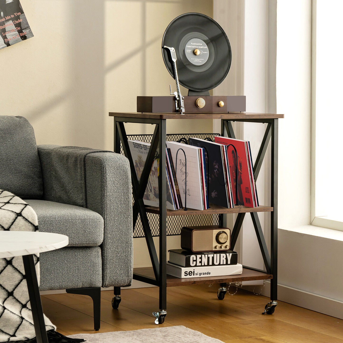 3 Tiers Vintage Style Rolling End Table with 3 Dividers for Albums-Brown (Fully Assembled)