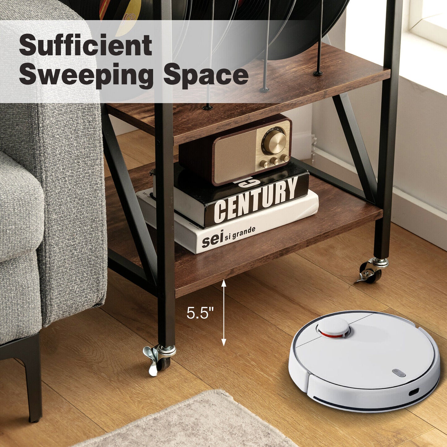 3 Tiers Vintage Style Rolling End Table with 3 Dividers for Albums-Brown (Fully Assembled)