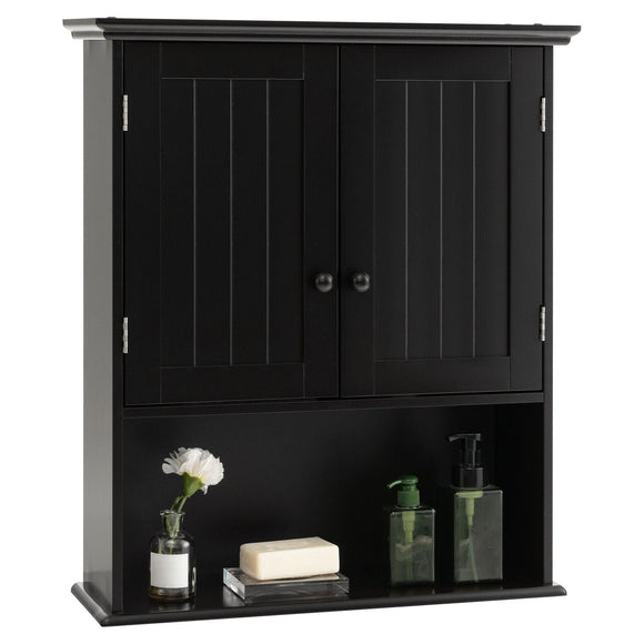 2-Door Wall Mount Bathroom Storage Cabinet with Open Shelf-Black, fully assembled