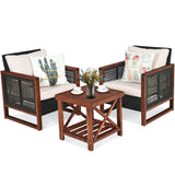 3 Pcs Patio Wicker Furniture Sofa Set with Wooden Frame and Cushion-Beige, fully assembled