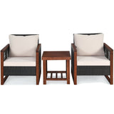 3 Pcs Patio Wicker Furniture Sofa Set with Wooden Frame and Cushion-Beige, fully assembled