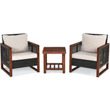 3 Pcs Patio Wicker Furniture Sofa Set with Wooden Frame and Cushion-Beige, fully assembled