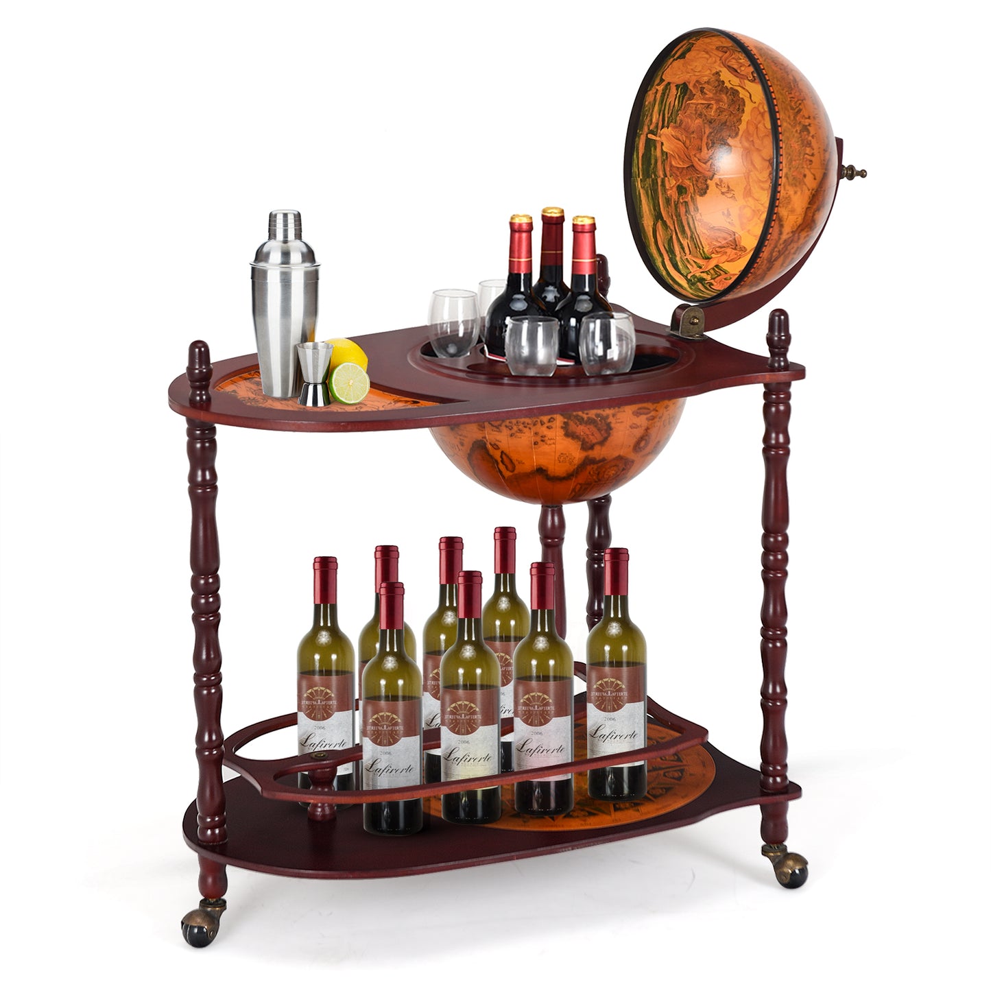 Vintage Globe Rolling Wine Bar Cart with Extra Shelf (Fully Assembled)