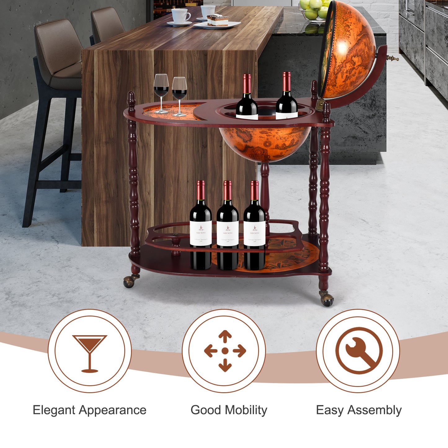 Vintage Globe Rolling Wine Bar Cart with Extra Shelf (Fully Assembled)