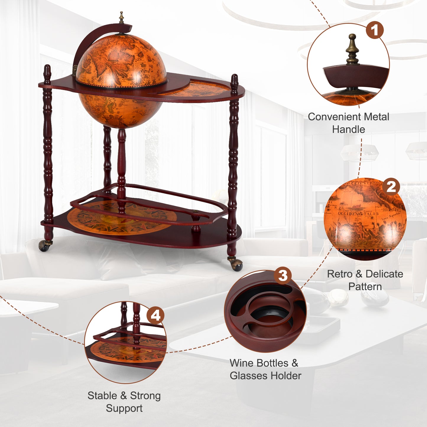 Vintage Globe Rolling Wine Bar Cart with Extra Shelf (Fully Assembled)