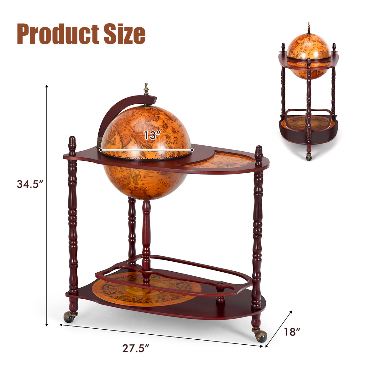 Vintage Globe Rolling Wine Bar Cart with Extra Shelf (Fully Assembled)