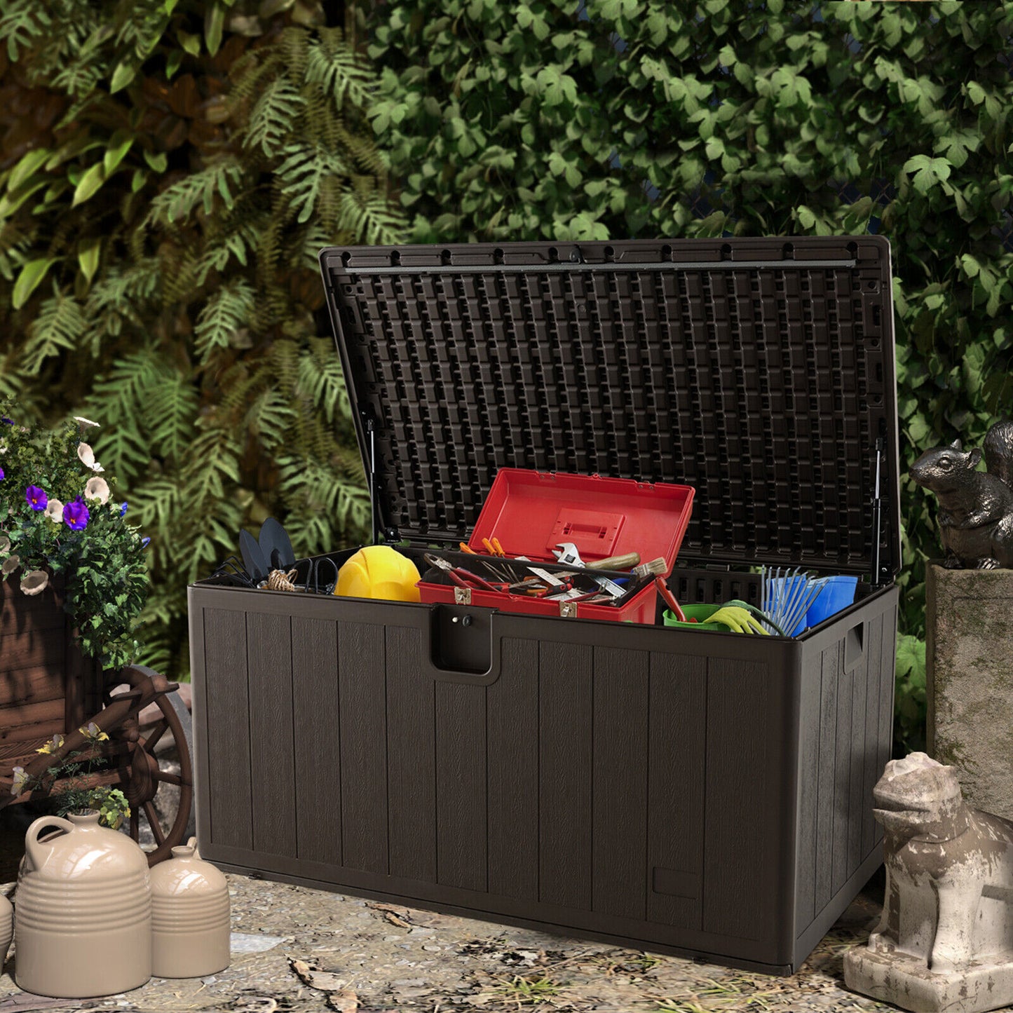 130 Gallon Patio All Weather Storage Container with Lockable Lid-Brown (Fully Assembled)