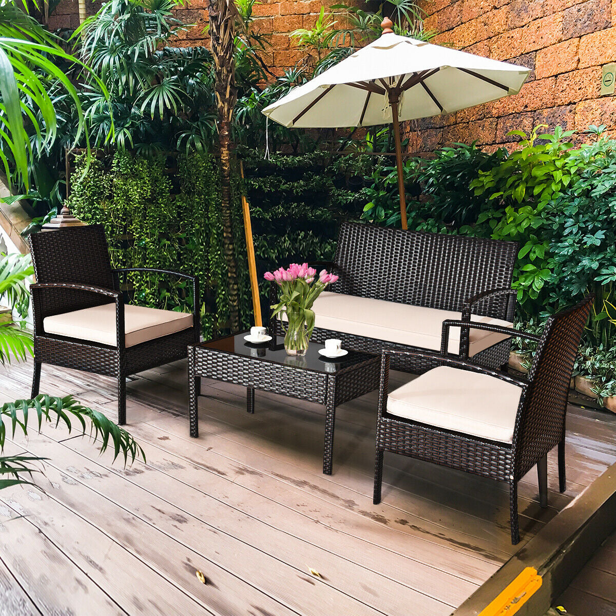 4 Pieces Patio Ratten Conversation Set with Loveseat Sofas and Coffee Table (Assembled)
