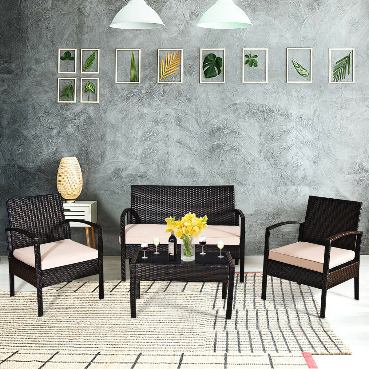 4 Pieces Patio Ratten Conversation Set with Loveseat Sofas and Coffee Table (Assembled)