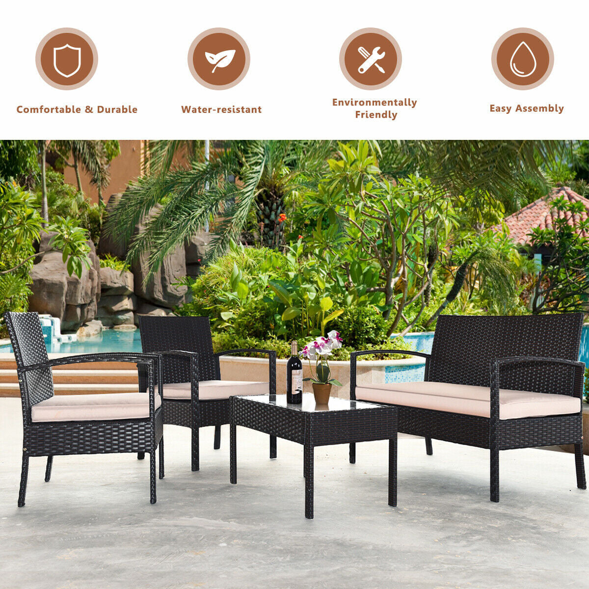 4 Pieces Patio Ratten Conversation Set with Loveseat Sofas and Coffee Table (Assembled)
