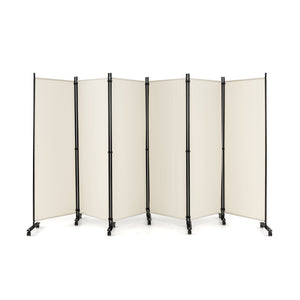 6 Panel 5.7 Feet Tall Rolling Room Divider on Wheels-White