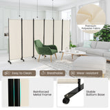 6 Panel 5.7 Feet Tall Rolling Room Divider on Wheels-White