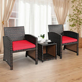 3 Pieces PE Rattan Wicker Furniture Set with Cushion Sofa Coffee Table for Garden-Red - Assembled