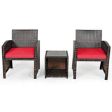 3 Pieces PE Rattan Wicker Furniture Set with Cushion Sofa Coffee Table for Garden-Red - Assembled