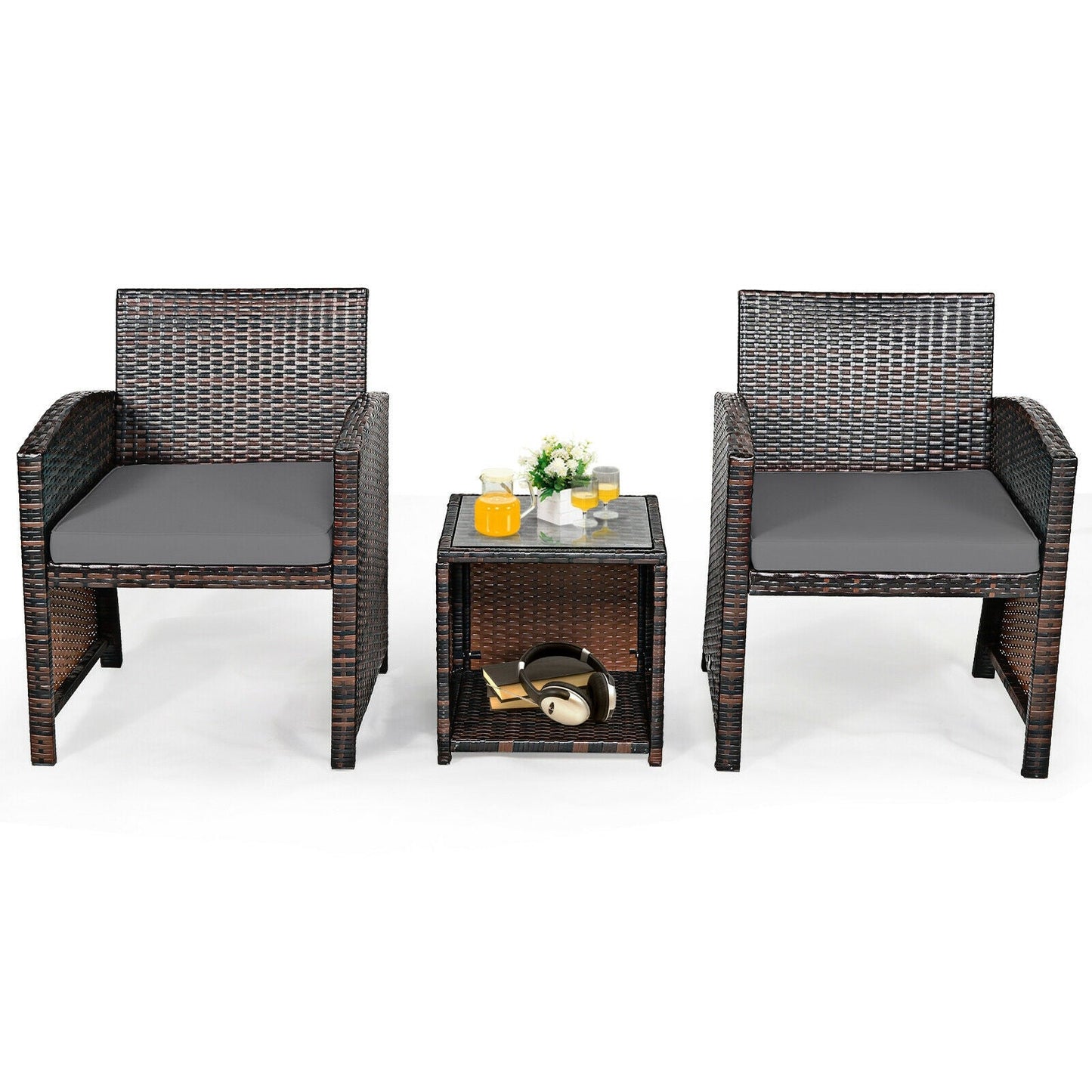 3 Pieces PE Rattan Wicker Furniture Set with Cushion Sofa Coffee Table for Garden-Gray (Assembled)
