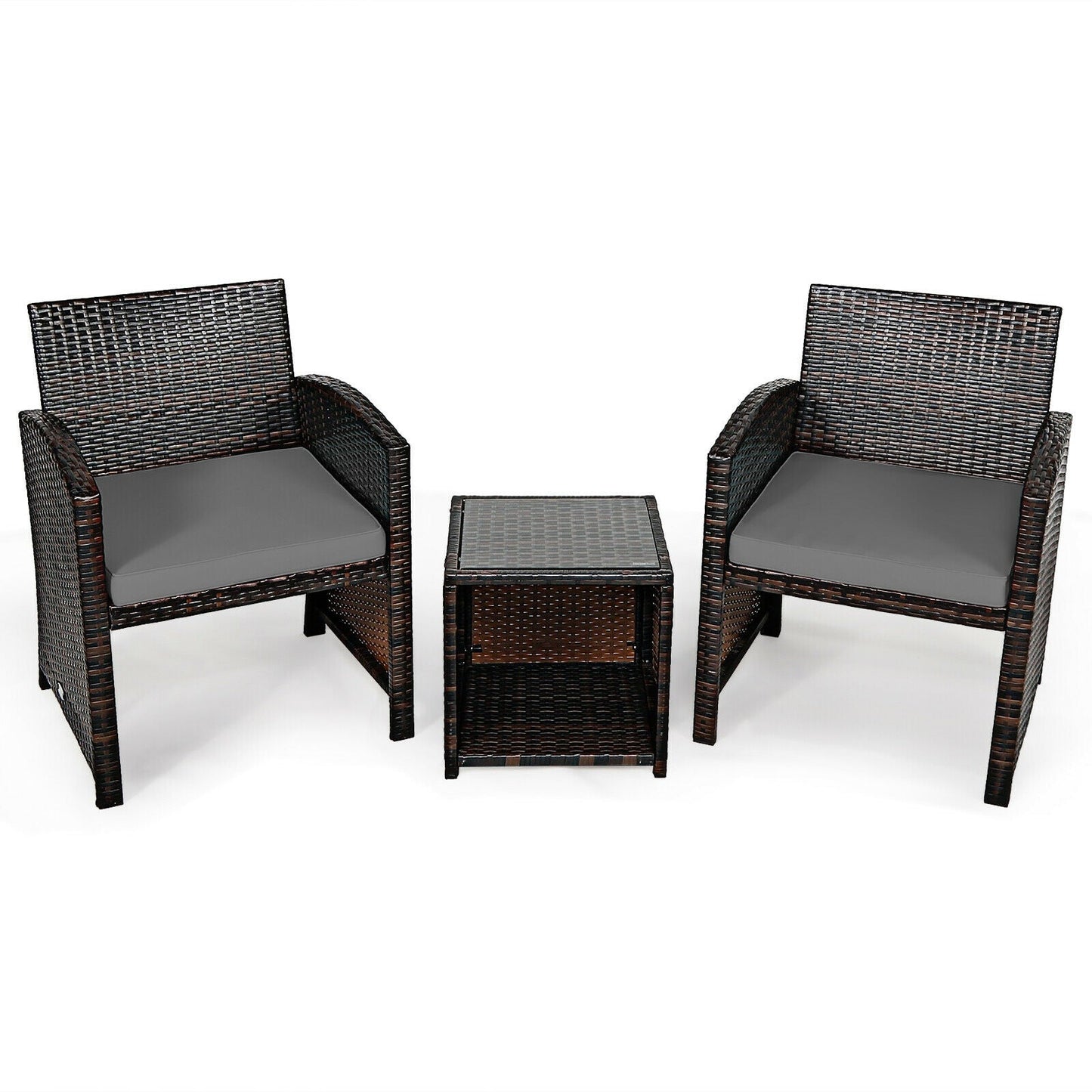 3 Pieces PE Rattan Wicker Furniture Set with Cushion Sofa Coffee Table for Garden-Gray (Assembled)