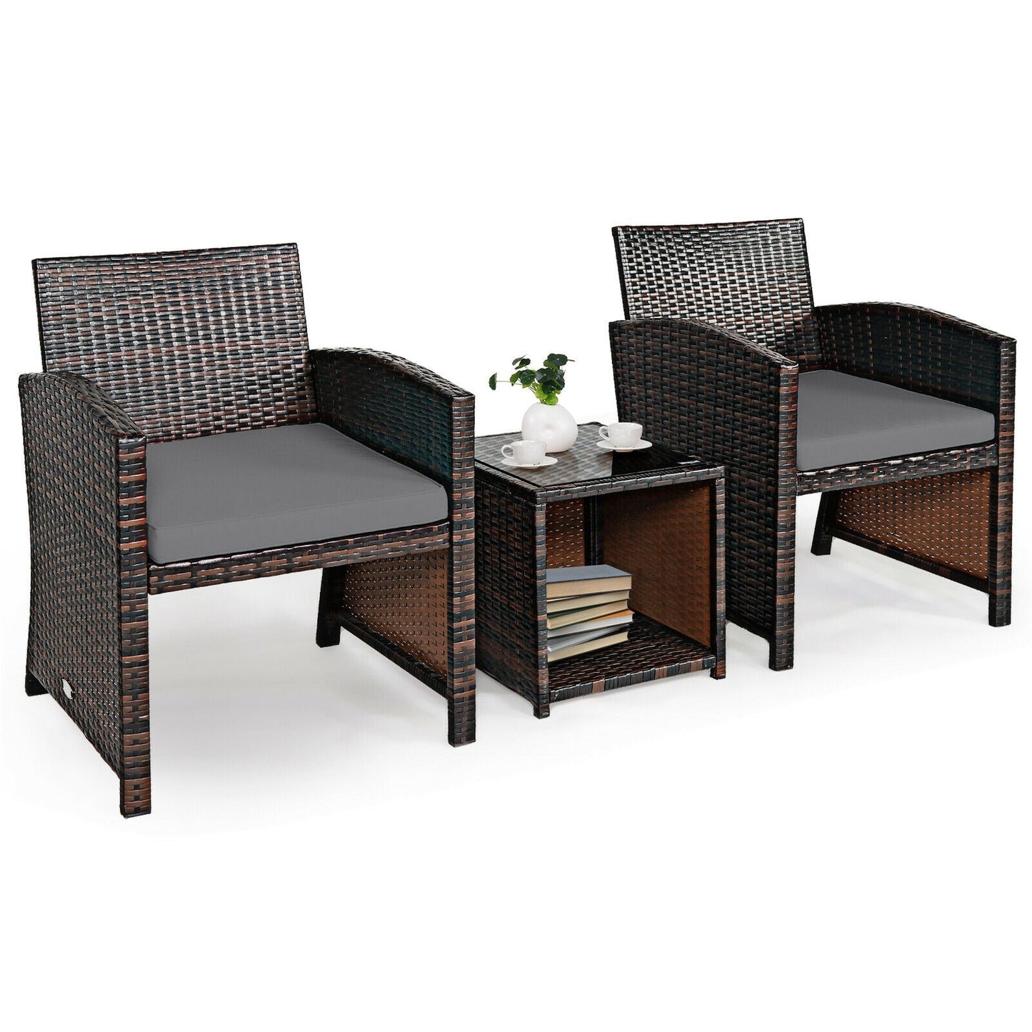 3 Pieces PE Rattan Wicker Furniture Set with Cushion Sofa Coffee Table for Garden-Gray (Assembled)