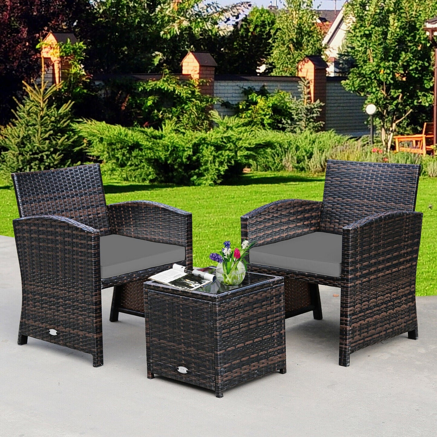 3 Pieces PE Rattan Wicker Furniture Set with Cushion Sofa Coffee Table for Garden-Gray (Assembled)