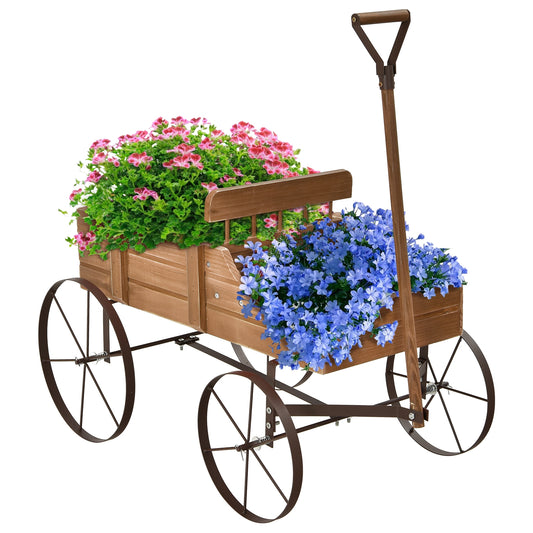 Wooden Wagon Plant Bed With Wheel for Garden Yard-Brown (assembled)