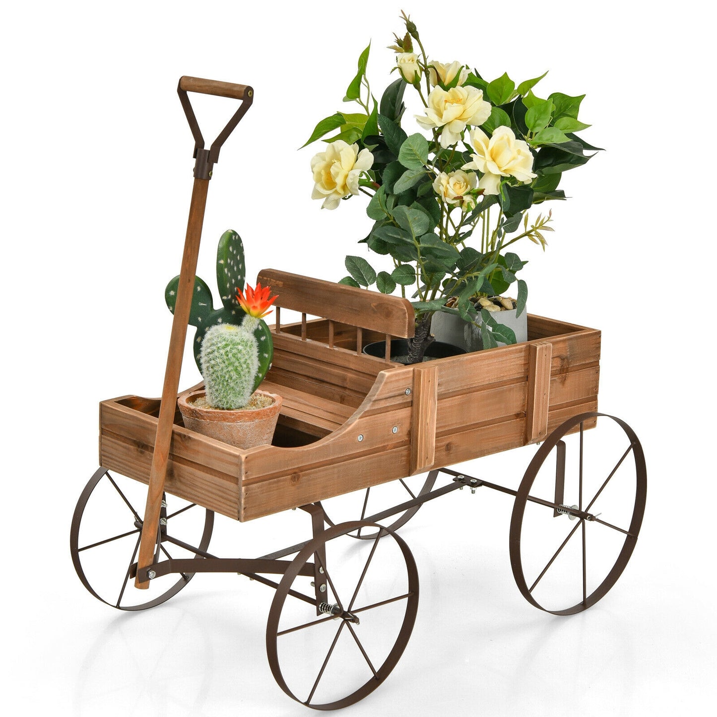 Wooden Wagon Plant Bed With Wheel for Garden Yard-Brown (assembled)