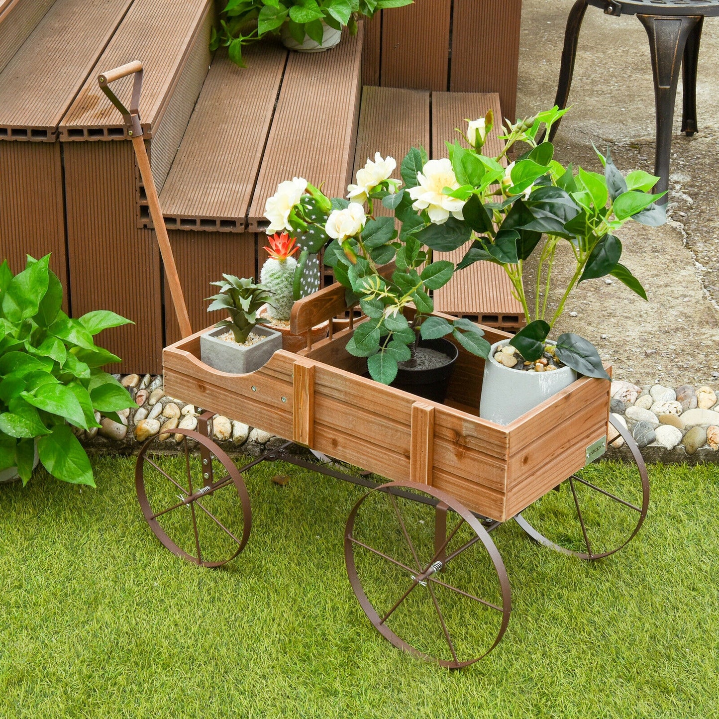 Wooden Wagon Plant Bed With Wheel for Garden Yard-Brown (assembled)