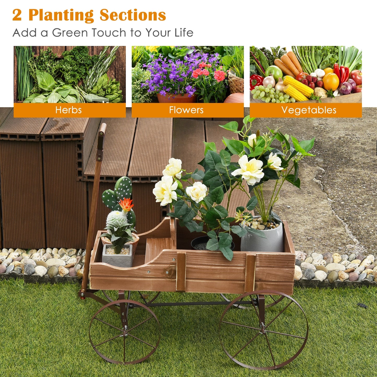 Wooden Wagon Plant Bed With Wheel for Garden Yard-Brown (assembled)