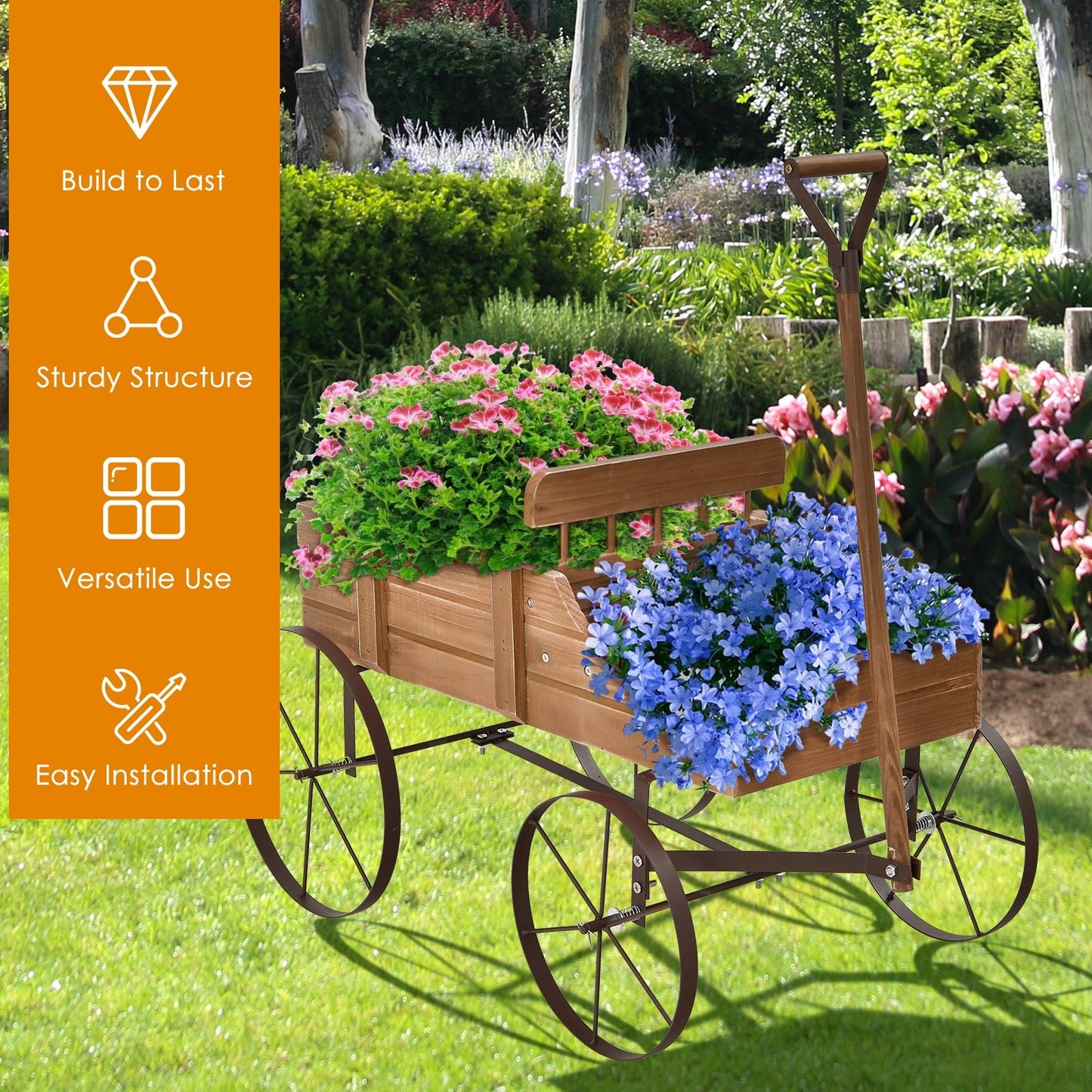 Wooden Wagon Plant Bed With Wheel for Garden Yard-Brown (assembled)