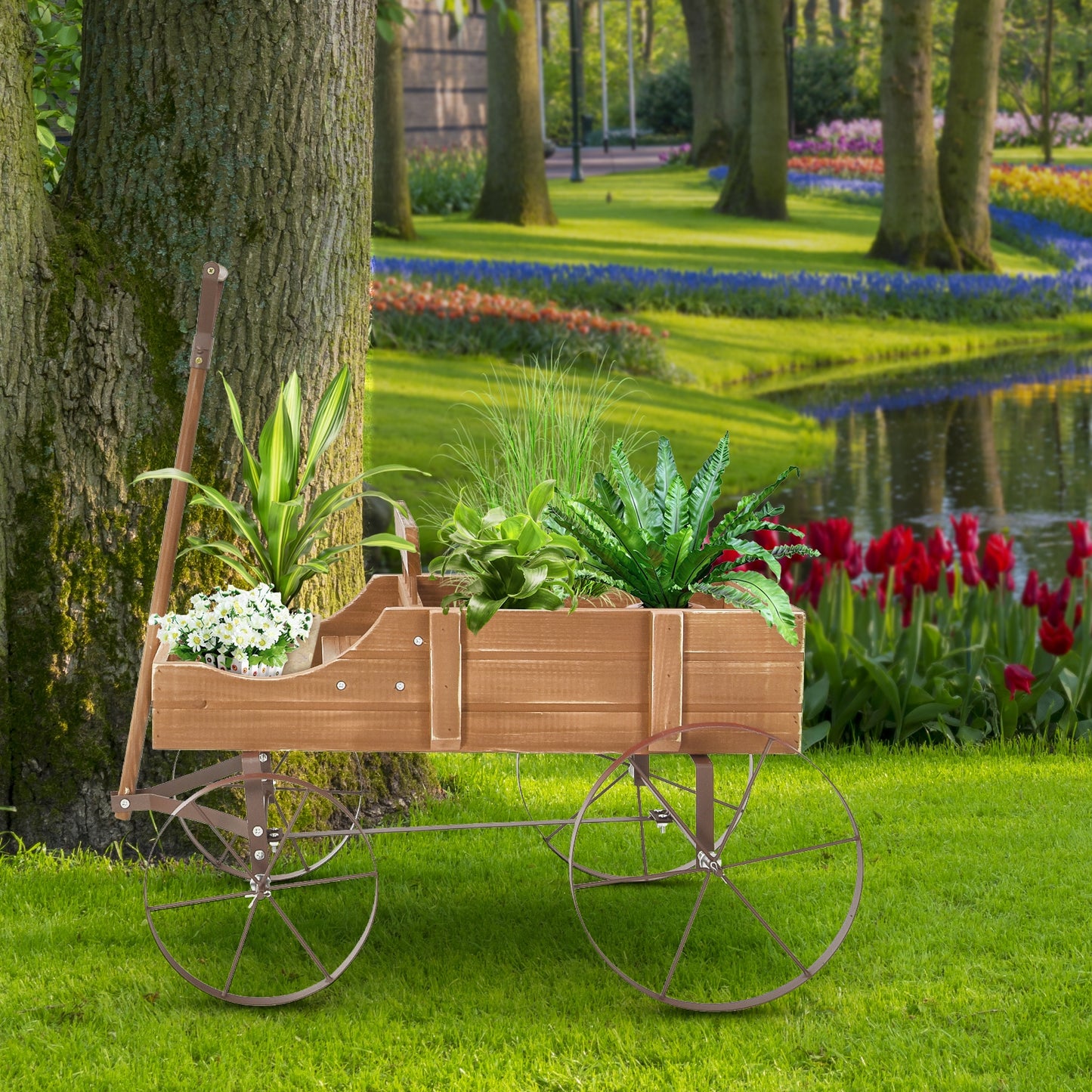 Wooden Wagon Plant Bed With Wheel for Garden Yard-Brown (assembled)