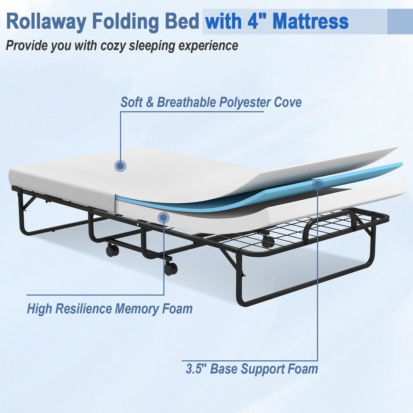 Twin Size Metal Folding Bed with Memory Foam Mattress (Assembled)