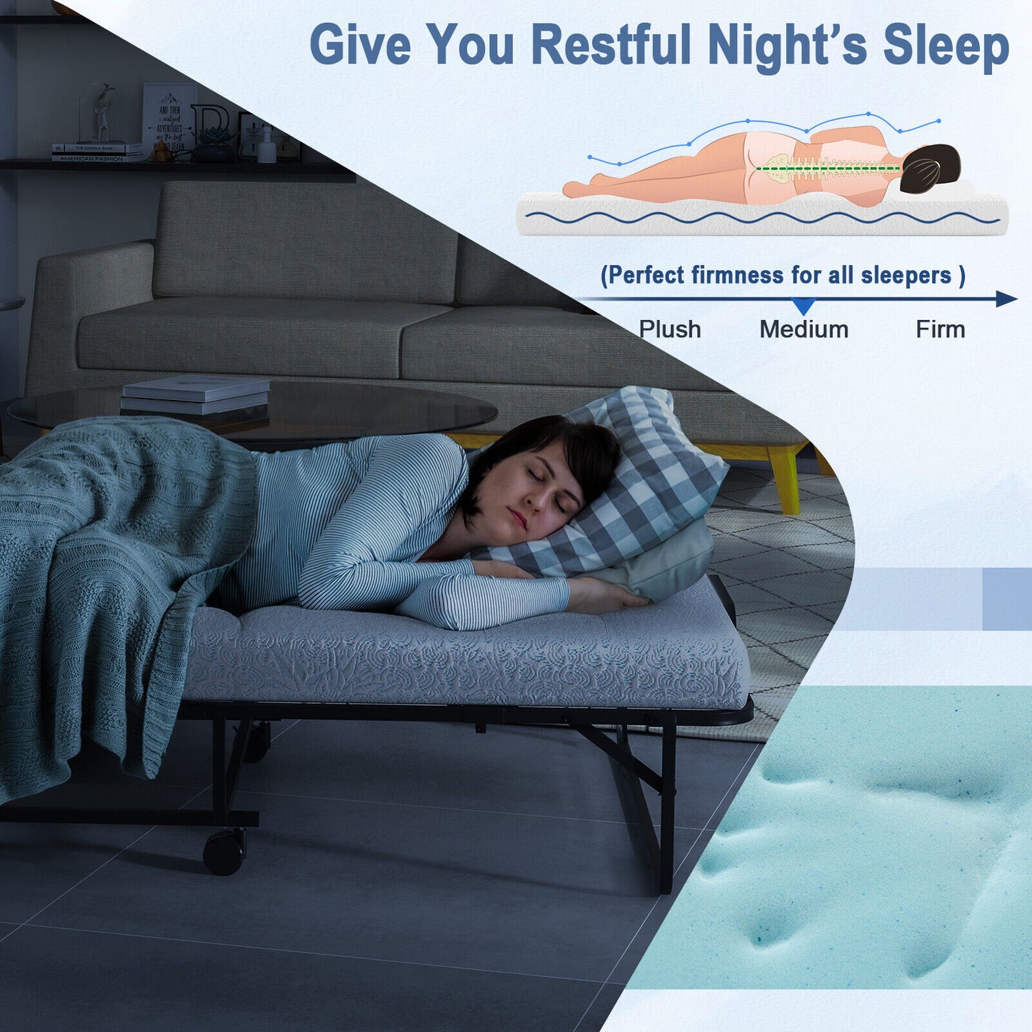 Twin Size Metal Folding Bed with Memory Foam Mattress (Assembled)