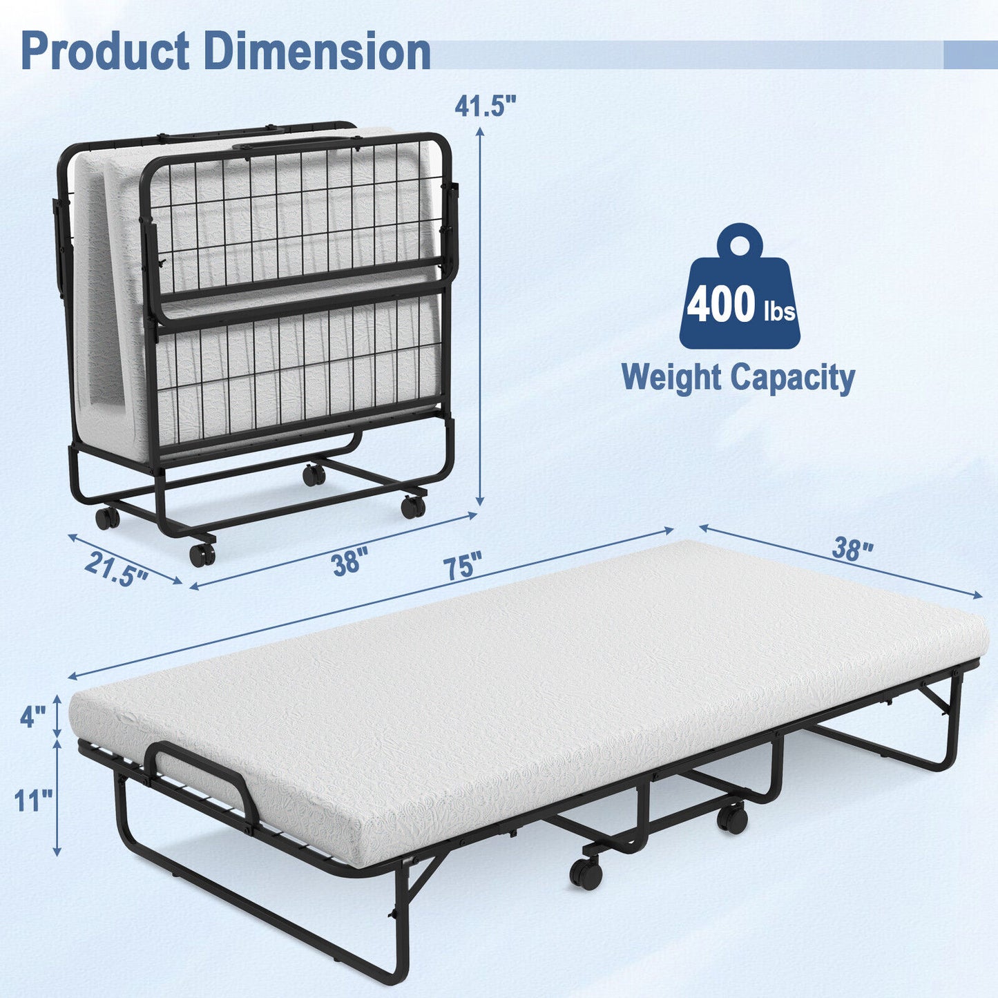 Twin Size Metal Folding Bed with Memory Foam Mattress (Assembled)