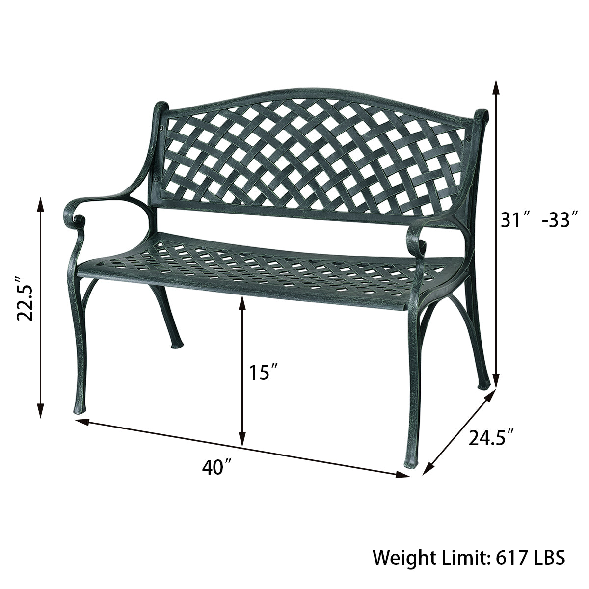 40 Inch Outdoor Aluminum Antique Garden Patio Bench - Fully Assembled