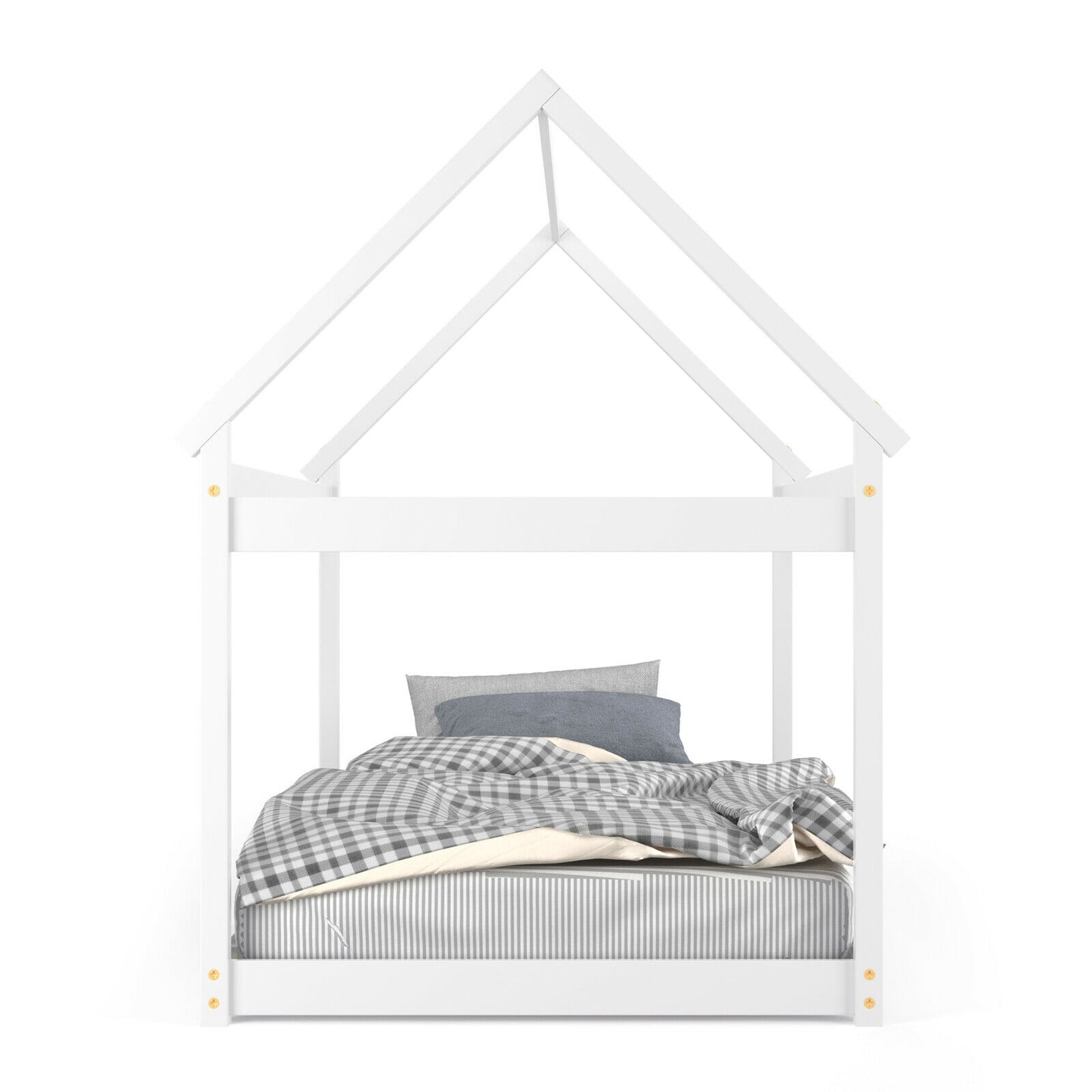 SPECIAL - Twin Size Kids Platform Floor Bed with Roof ang Heavy-Duty Slats-White (1 Box, Unassembled)
