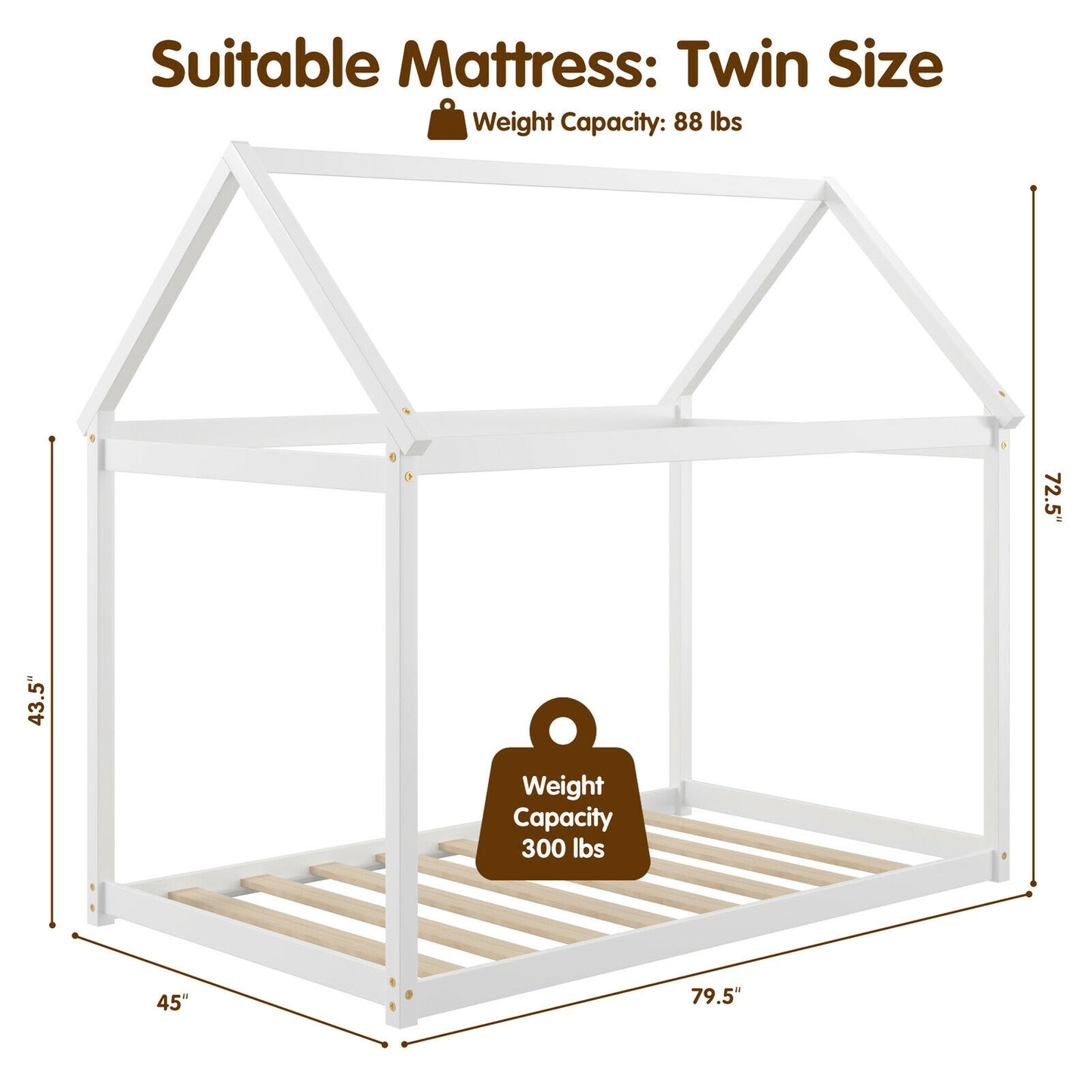 SPECIAL - Twin Size Kids Platform Floor Bed with Roof ang Heavy-Duty Slats-White (1 Box, Unassembled)
