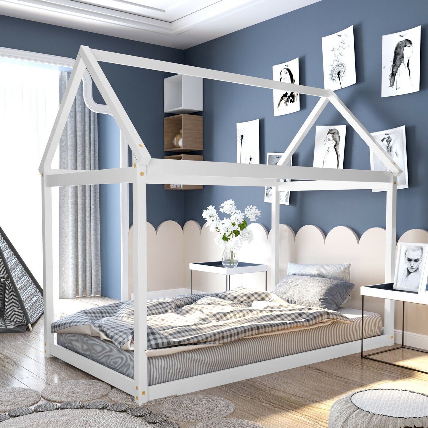 SPECIAL - Twin Size Kids Platform Floor Bed with Roof ang Heavy-Duty Slats-White (1 Box, Unassembled)