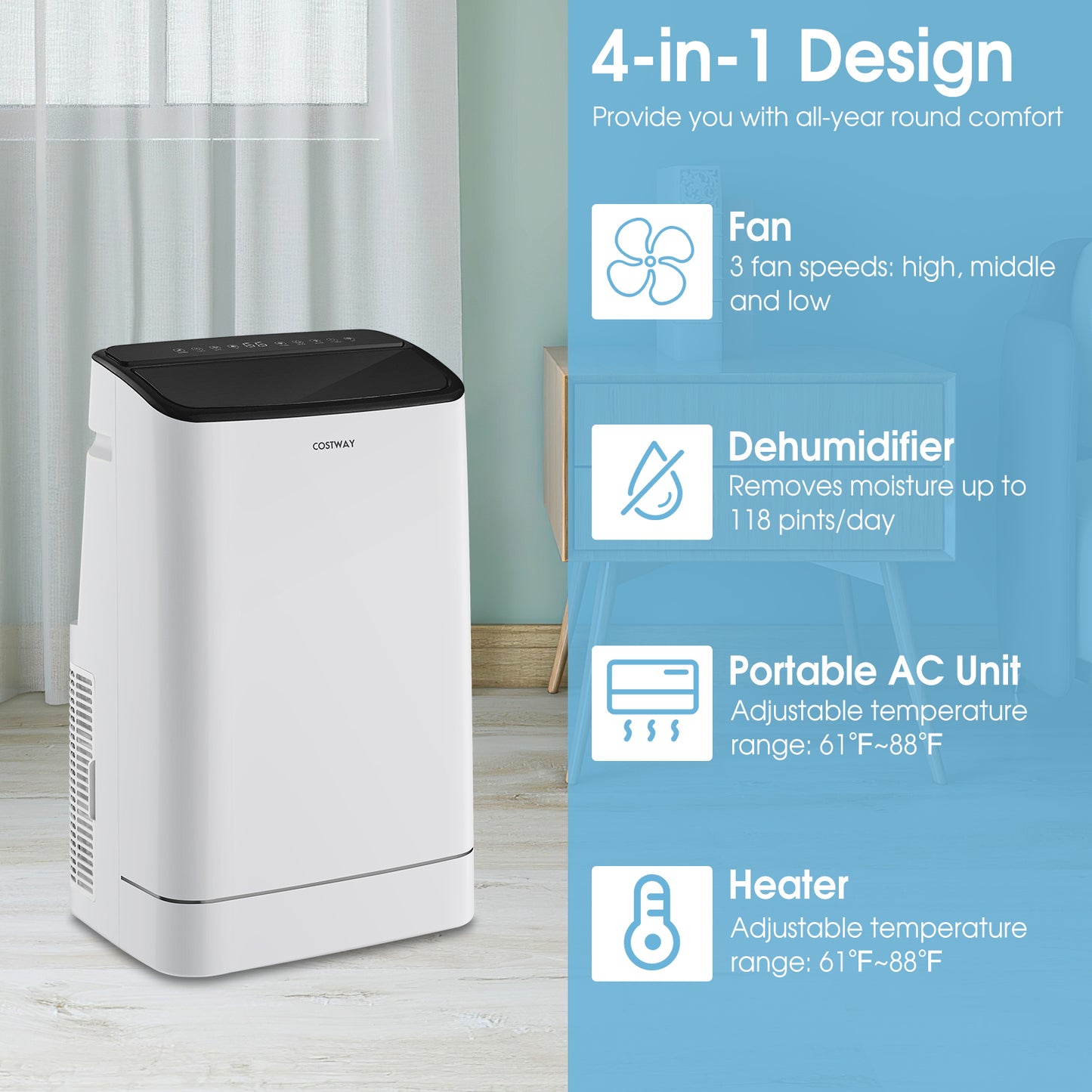 HEAT PUMP, 15000 BTU Portable Air Conditioner with Heat Pump and Auto Swing-White