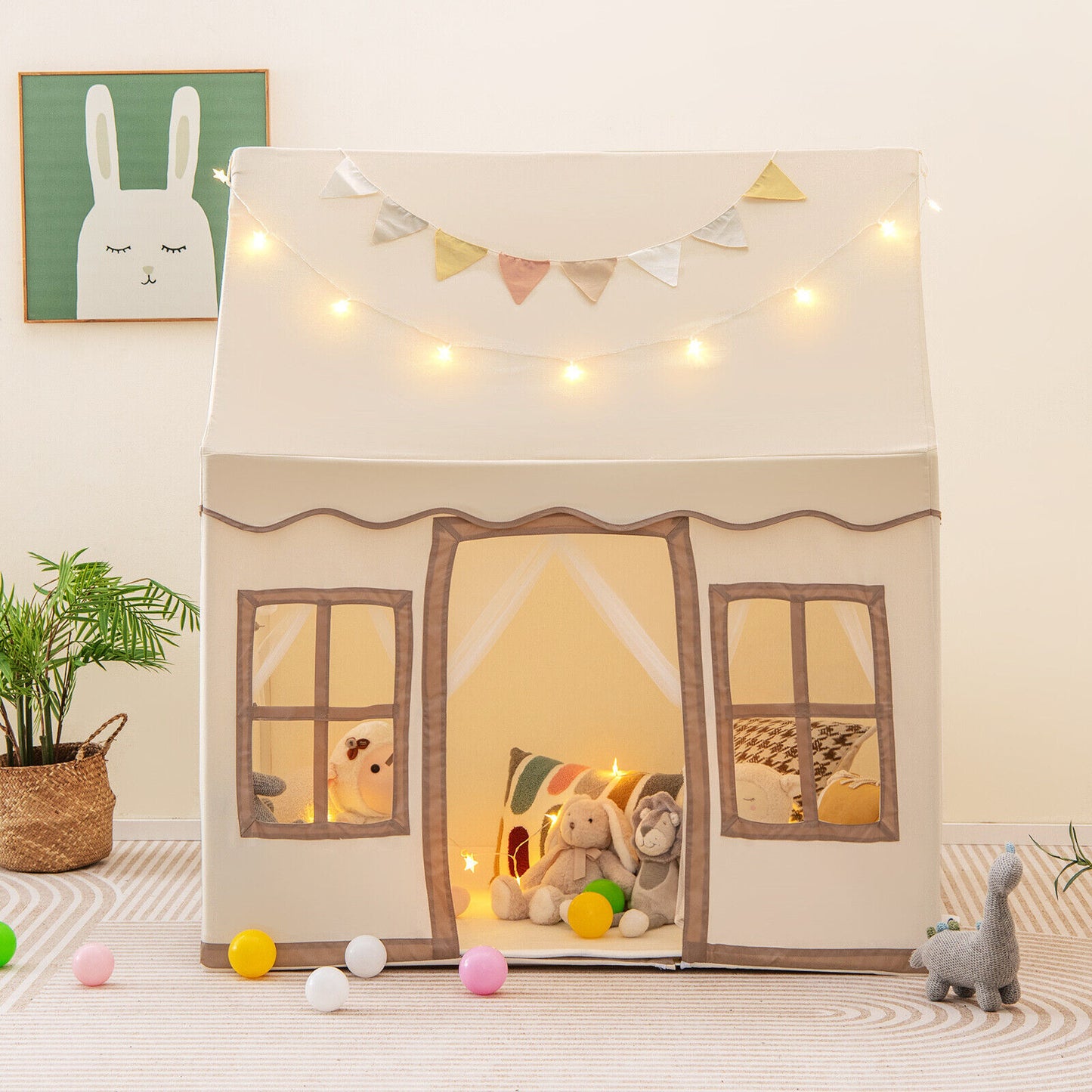 Toddler Large Playhouse with Star String Lights-Brown (1 Box - Unassembled)