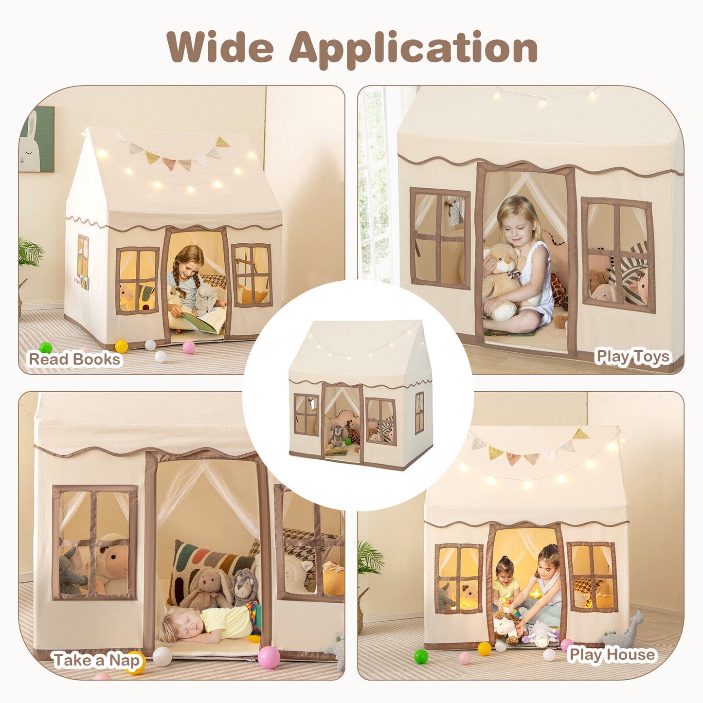 Toddler Large Playhouse with Star String Lights-Brown (1 Box - Unassembled)
