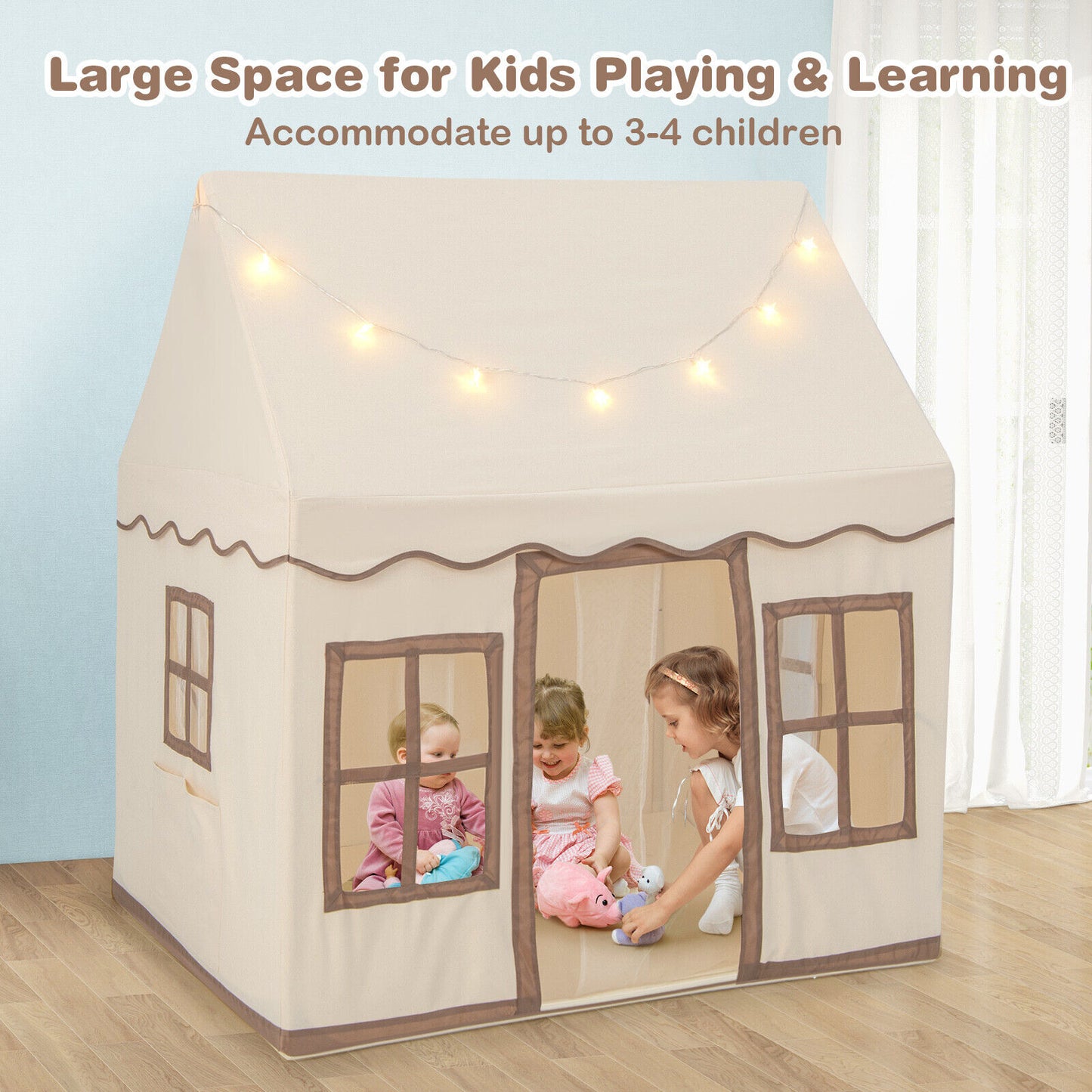 Toddler Large Playhouse with Star String Lights-Brown (1 Box - Unassembled)