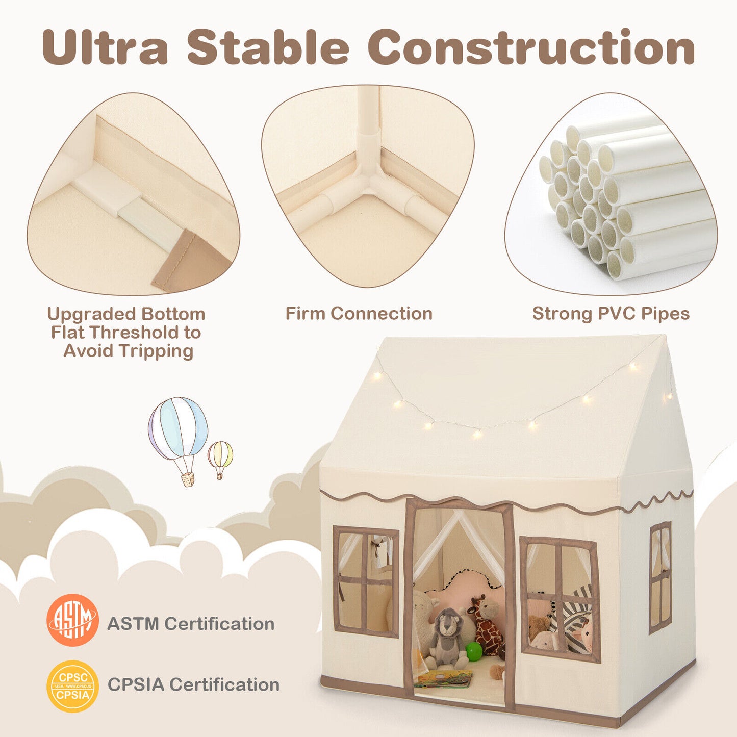 Toddler Large Playhouse with Star String Lights-Brown (1 Box - Unassembled)