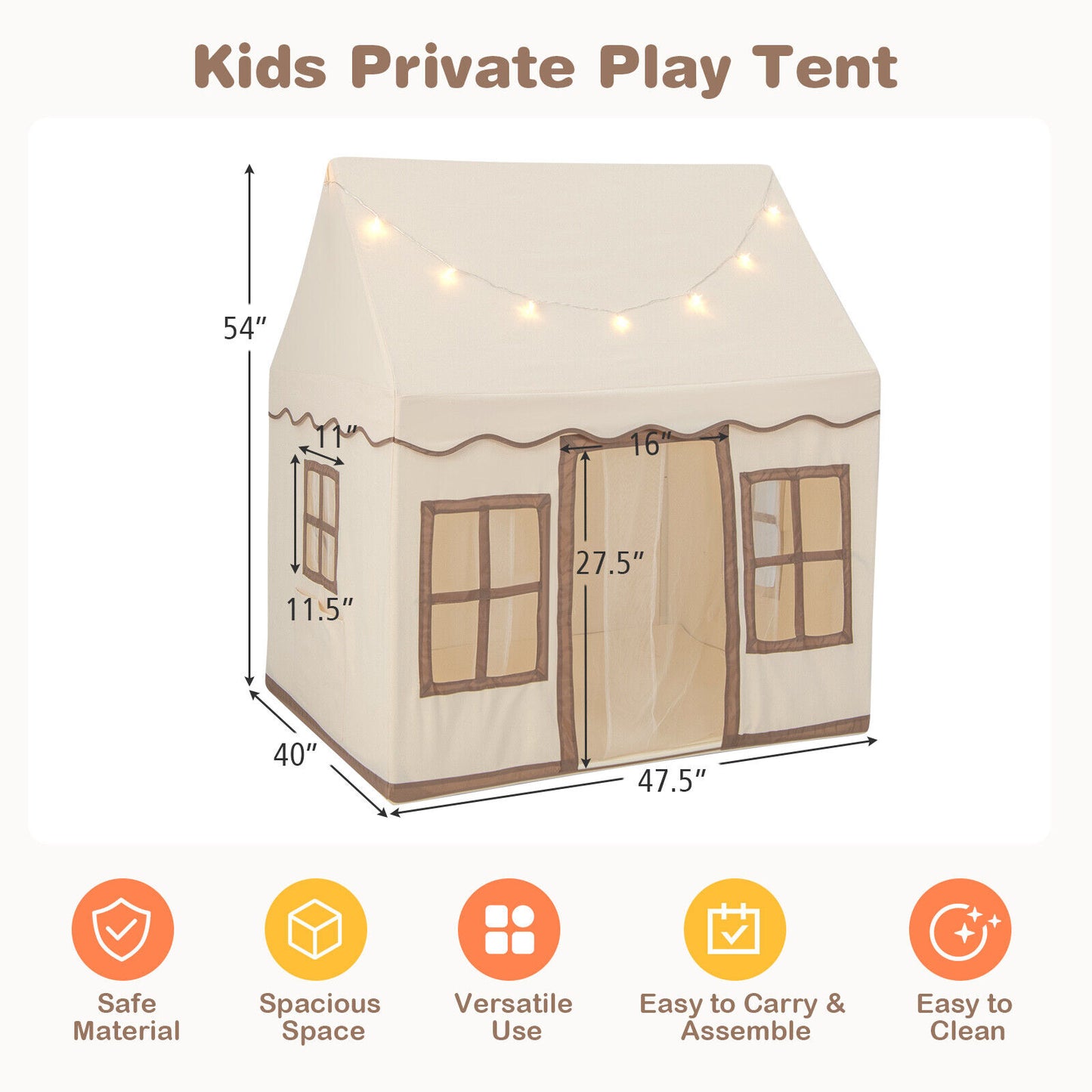 Toddler Large Playhouse with Star String Lights-Brown (1 Box - Unassembled)