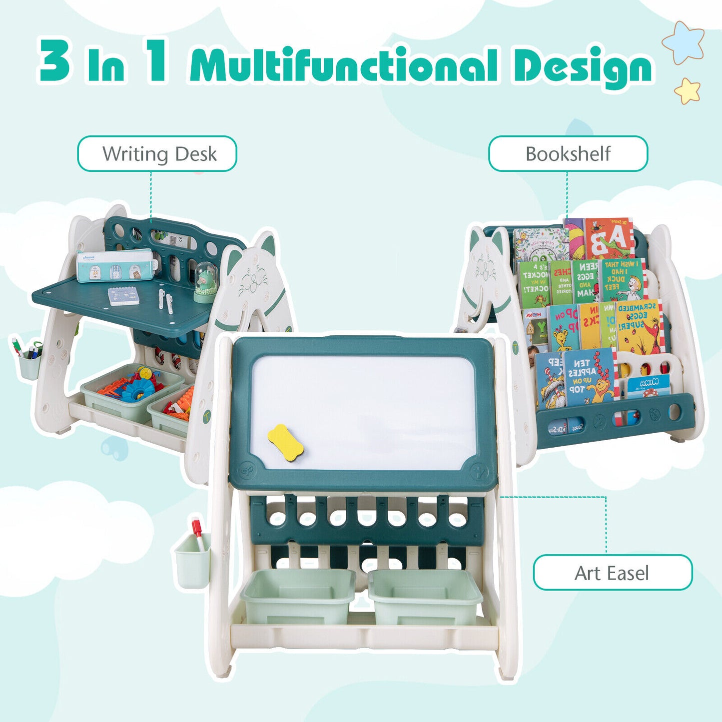 3-In-1 Double Sided Magnetic Dry-Erase Board with Stool and Flipped Writing Desktop-Green