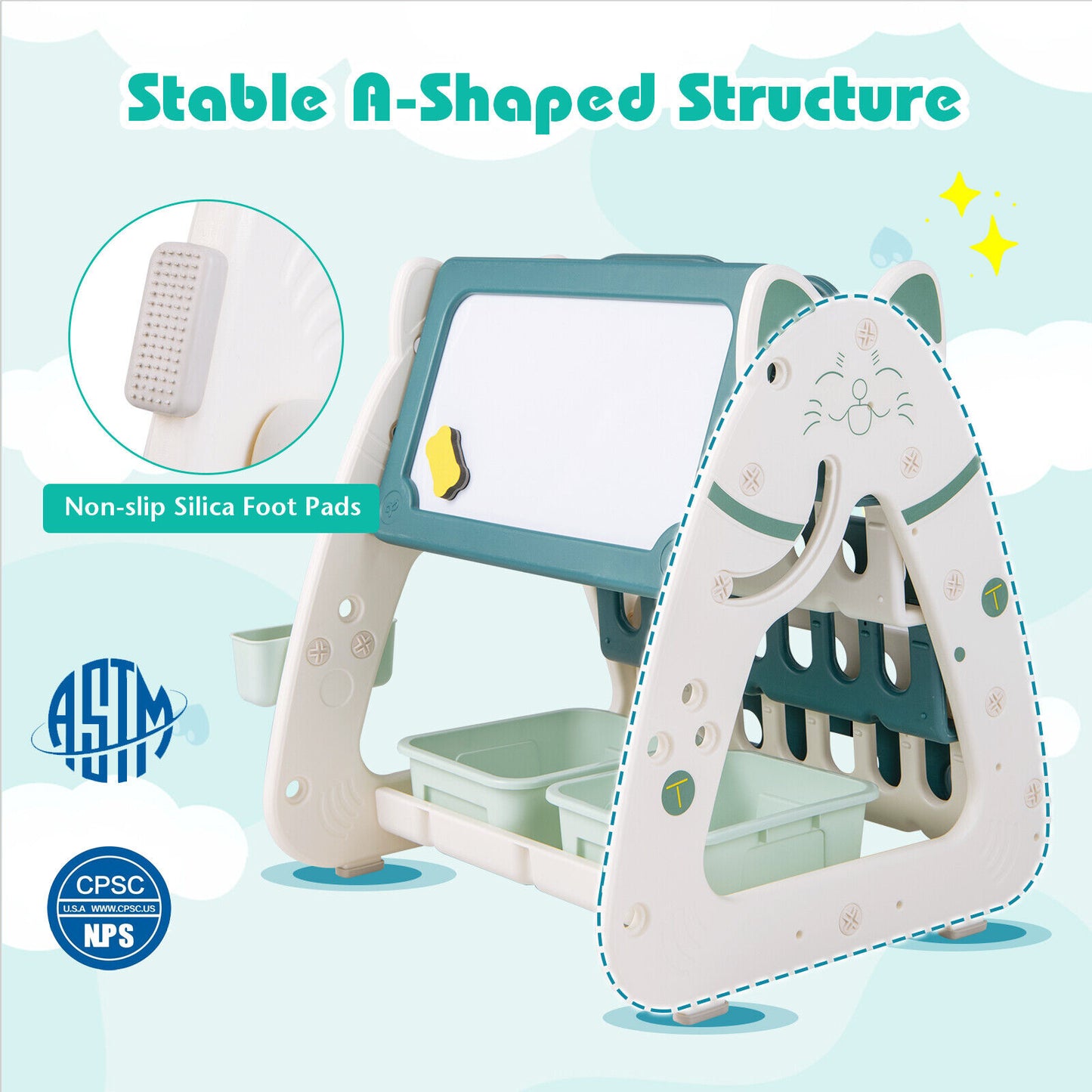 3-In-1 Double Sided Magnetic Dry-Erase Board with Stool and Flipped Writing Desktop-Green