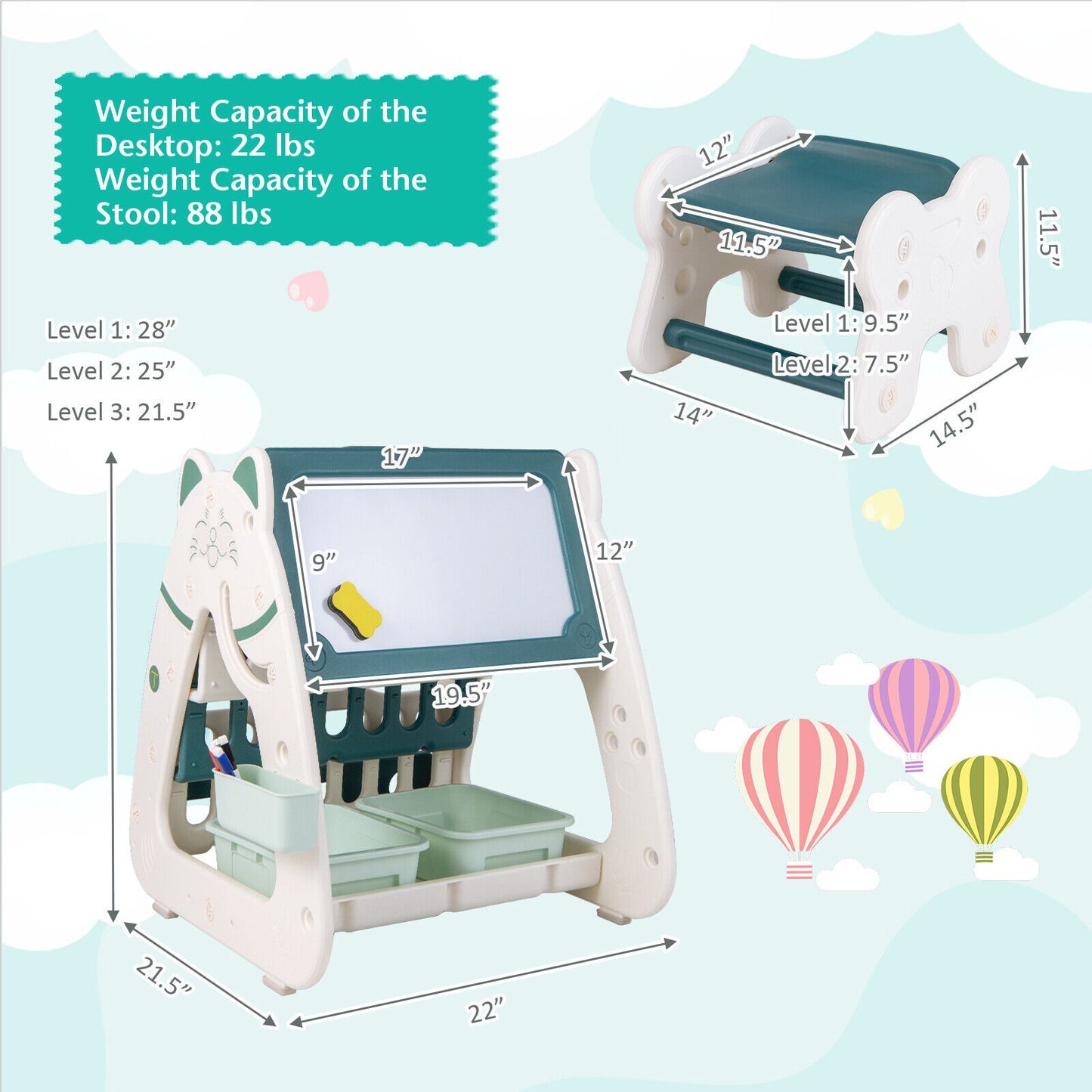 3-In-1 Double Sided Magnetic Dry-Erase Board with Stool and Flipped Writing Desktop-Green
